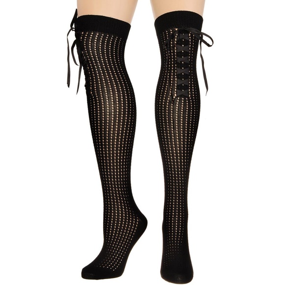 Pointelle Corset Lace Thigh High Socks in Noir - Picture 4 of 4